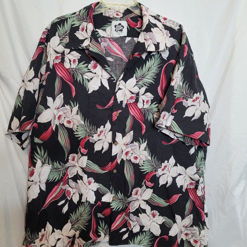 Vintage Hilo Hattie Button Up Shirt Black White Flowers 3XL Straight Hem Bottom